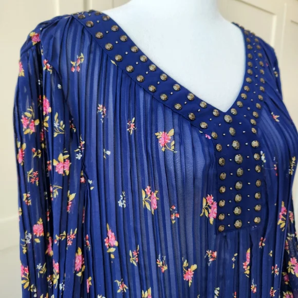 Woman Within Sheer Pleated Blouse Top Floral Print Navy Blue Pink Plus Large 18 - Picture 7 of 16